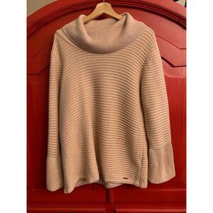 Calvin Klein XL Gorgeous Peach & Metallic Gold Ribbed Cowl Neck Sweater EUC